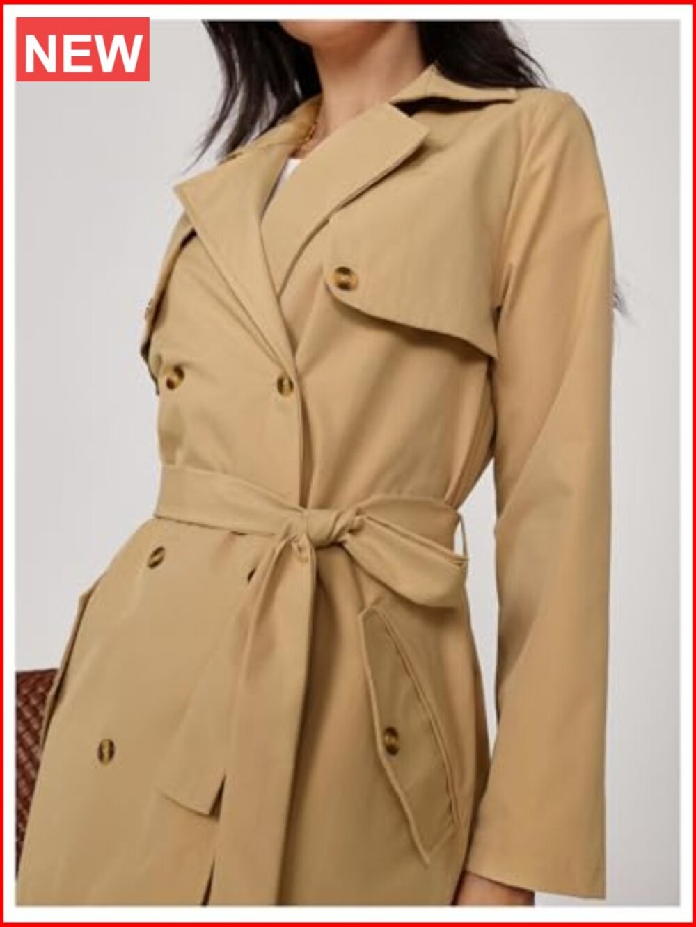 Double Breasted Long Trench Coat Belted Lapel Overcoat - Picture 6 of 6